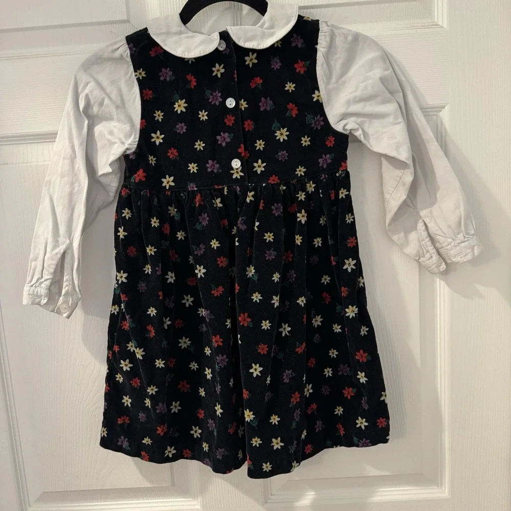 Osh Kosh B'Gosh Sz 6 Corduroy Jumper Dress 100% Cotton USA Black White Floral‎